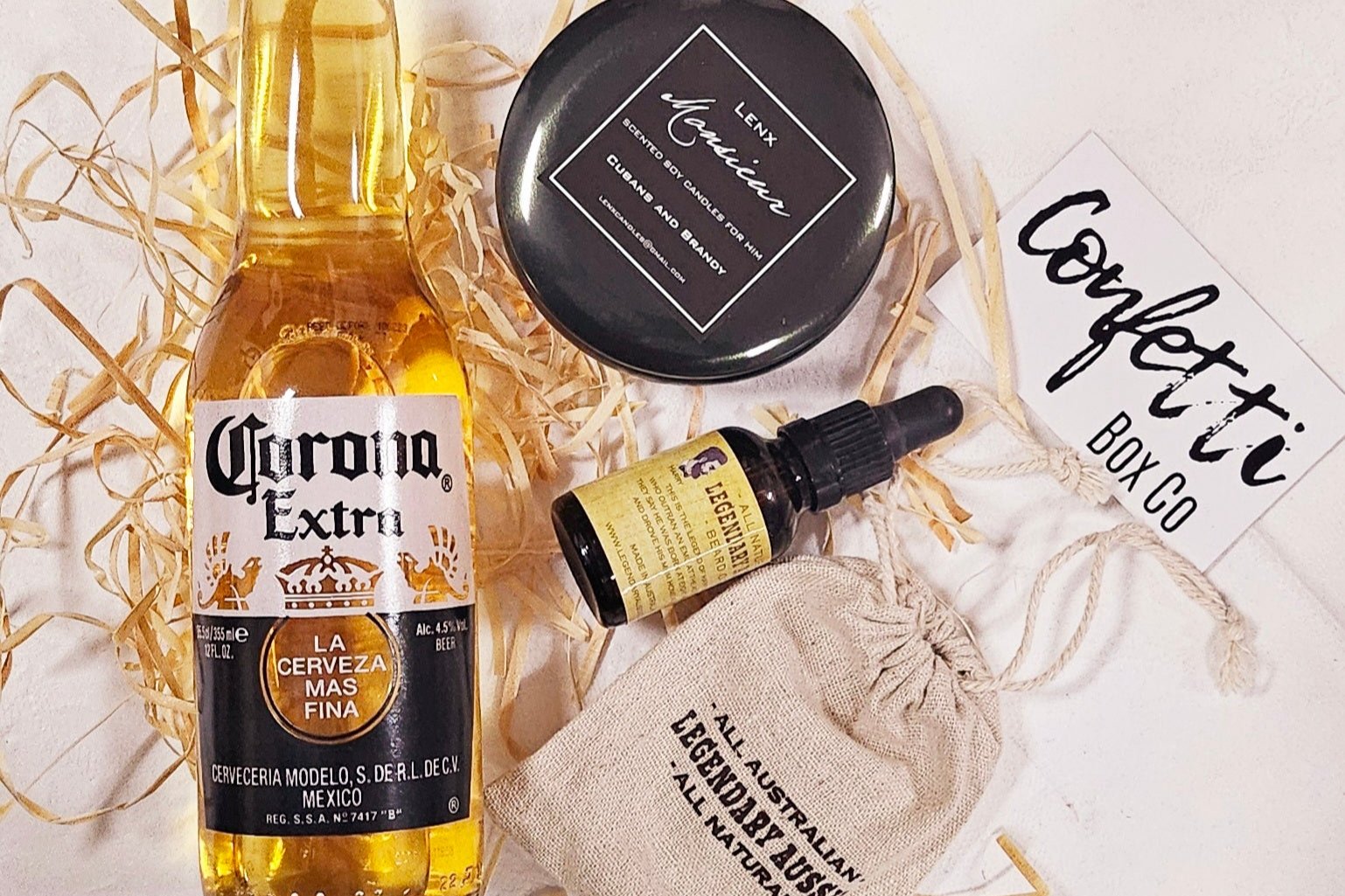 For the connoisseur of relaxation and indulgence, our Gentlemen's Retreat Box is the ultimate choice. Featuring a Corona Extra Beer Stubby, Lenx Cuban and Brandy scented soy candle, and 3 mini Hershey's chocolates, it's a symphony of luxury. Complete the experience with Legendary Aussie's Harry Beard Oil, crafted with blood orange and nutmeg for a natural, invigorating scent. Ideal for unwinding in style or as a thoughtful gift for the discerning gentleman in your life.