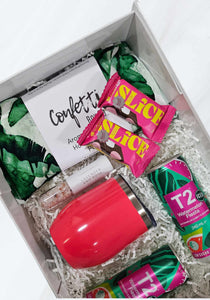 T2 gift box with travel mug and snacks