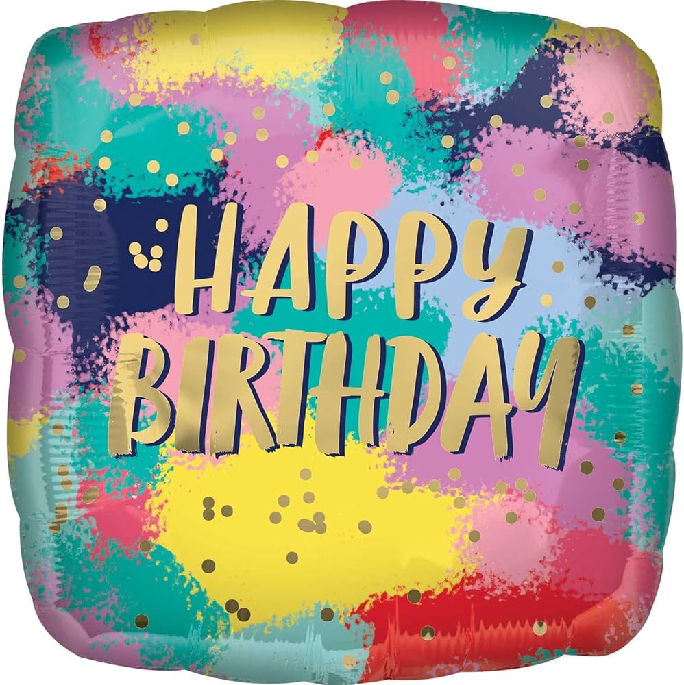 43cm Happy Birthday foil balloon in bright colors, available with helium or air inflation.