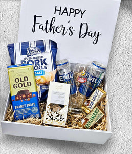 Father’s Day Box 2 including Oven Baked Pork Crackle, Old Gold Chocolate Block, Caramel Bark Chocolate, 2 Emu Draft Cans, 1 Emu Draft Tumbler, and 2 Whittaker’s Minis, all elegantly arranged in a gift box.